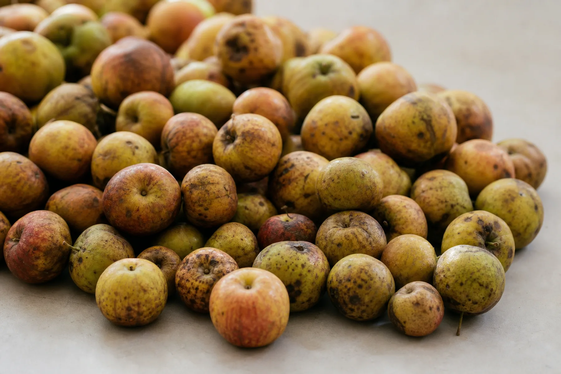 A heap of small mottled apples filling a wooden bulk bin.