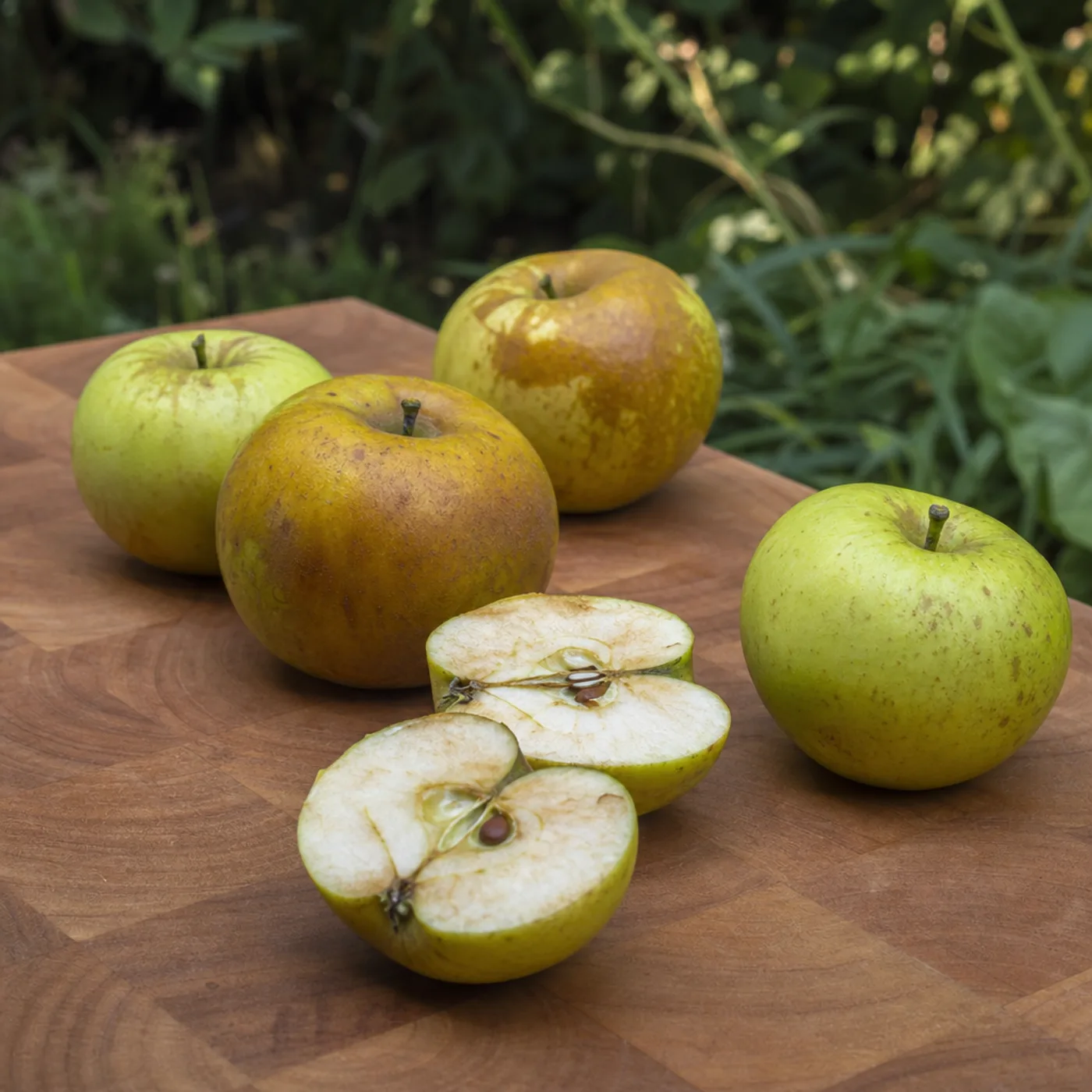Several small russeted apples, two of them halved to show firm cream-coloured flesh.