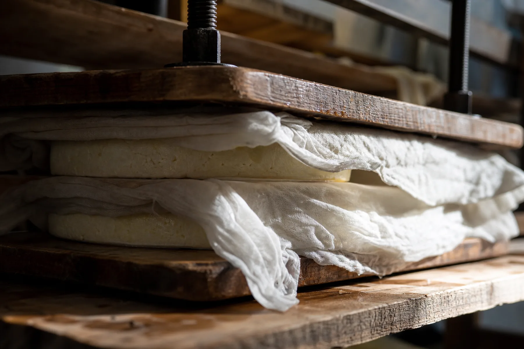 A stack of cloth-wrapped layers of pomace between wooden racks inside a press frame.