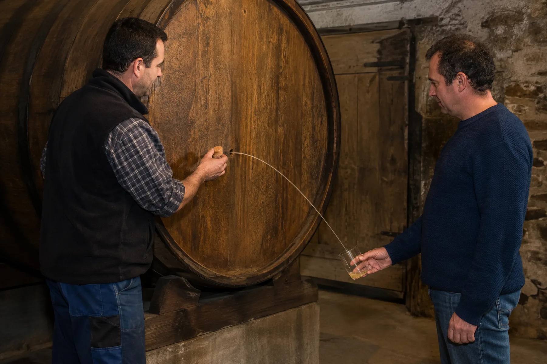 Cider running in a thin stream from a tap in the end of a large wooden vat into a tilted glass.