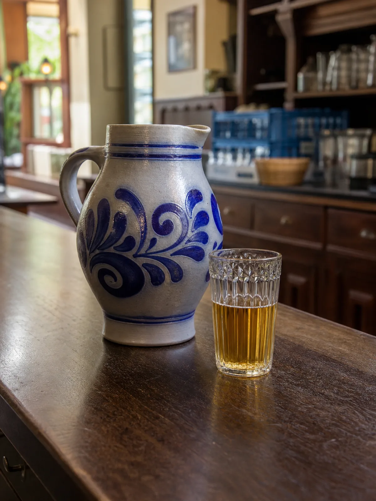 A grey and blue salt-glazed jug beside a small glass with a diamond-ridged surface.