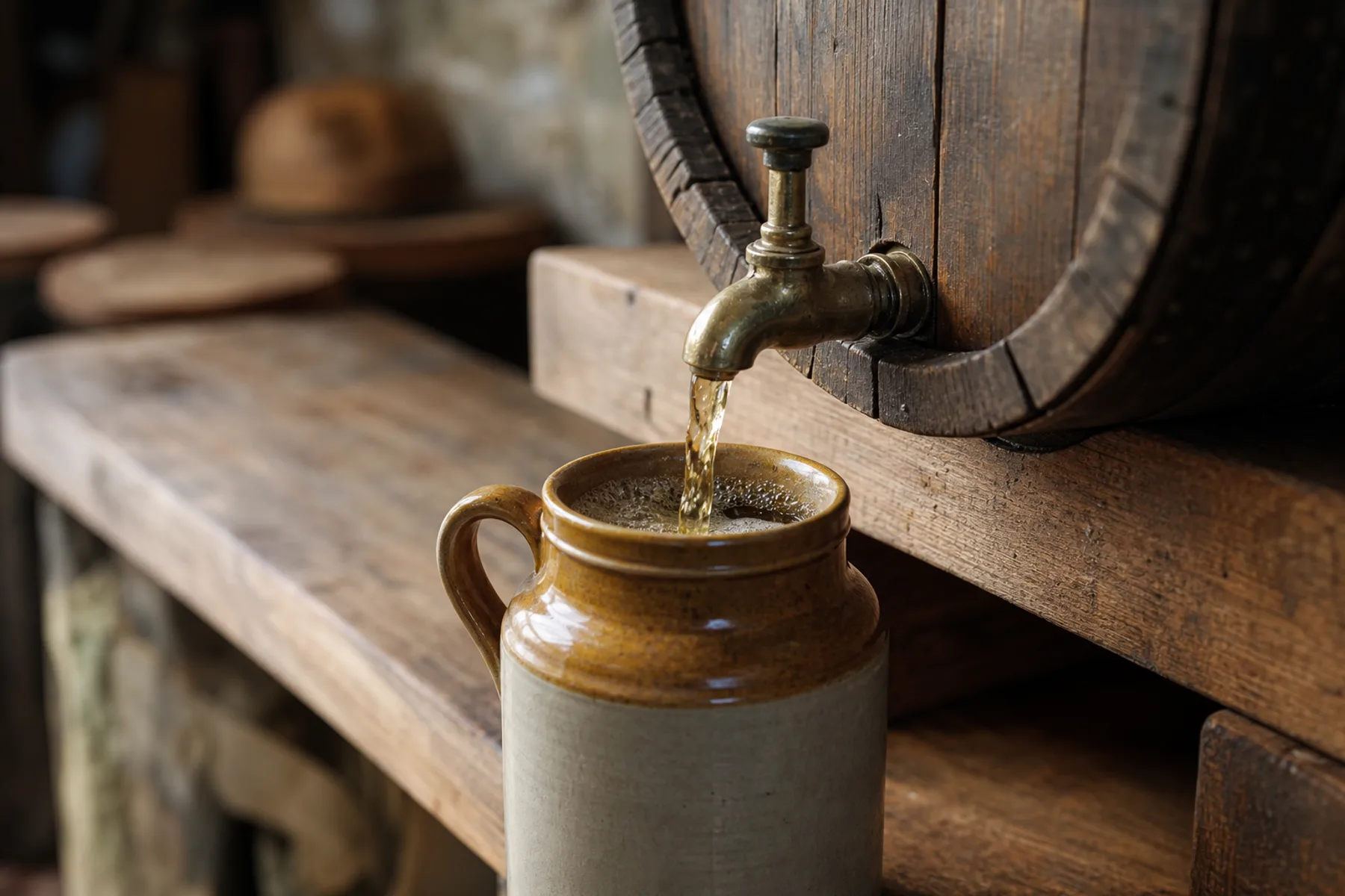 Wooden barrels resting on a low timber rack in a stone-floored room, with glasses on a plain table.