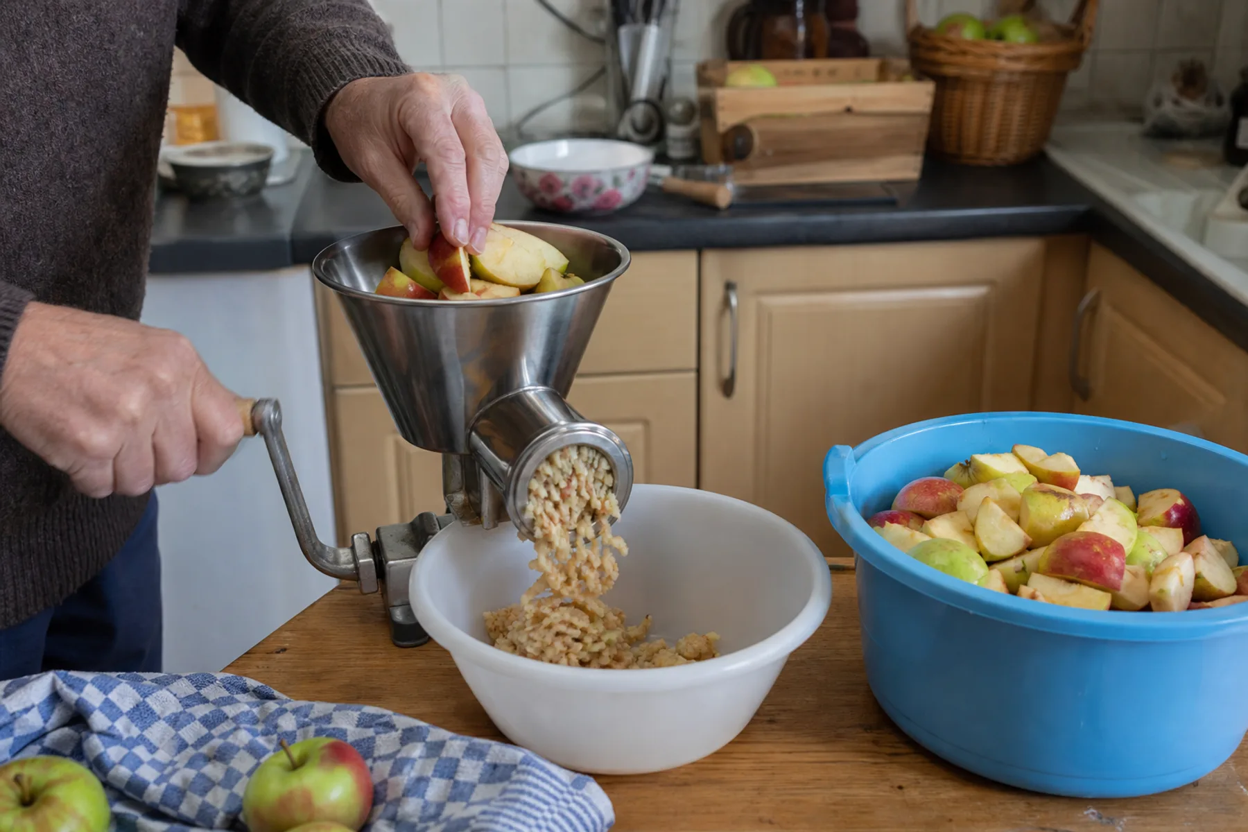 A hopper of apples above a small motorised mill discharging pulp into a tub.