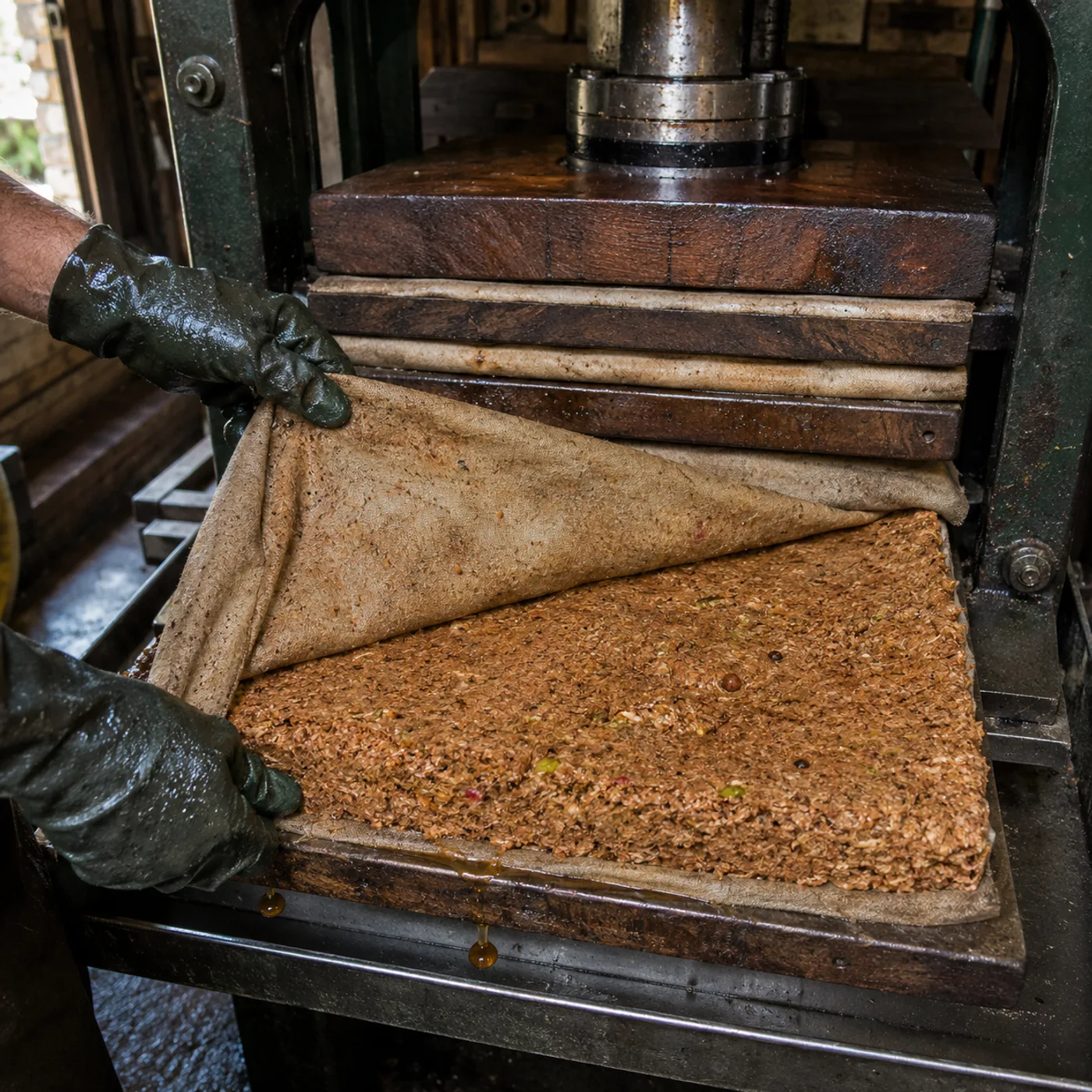 A block of pressed apple pomace, pale brown and fibrous, broken open at one edge.