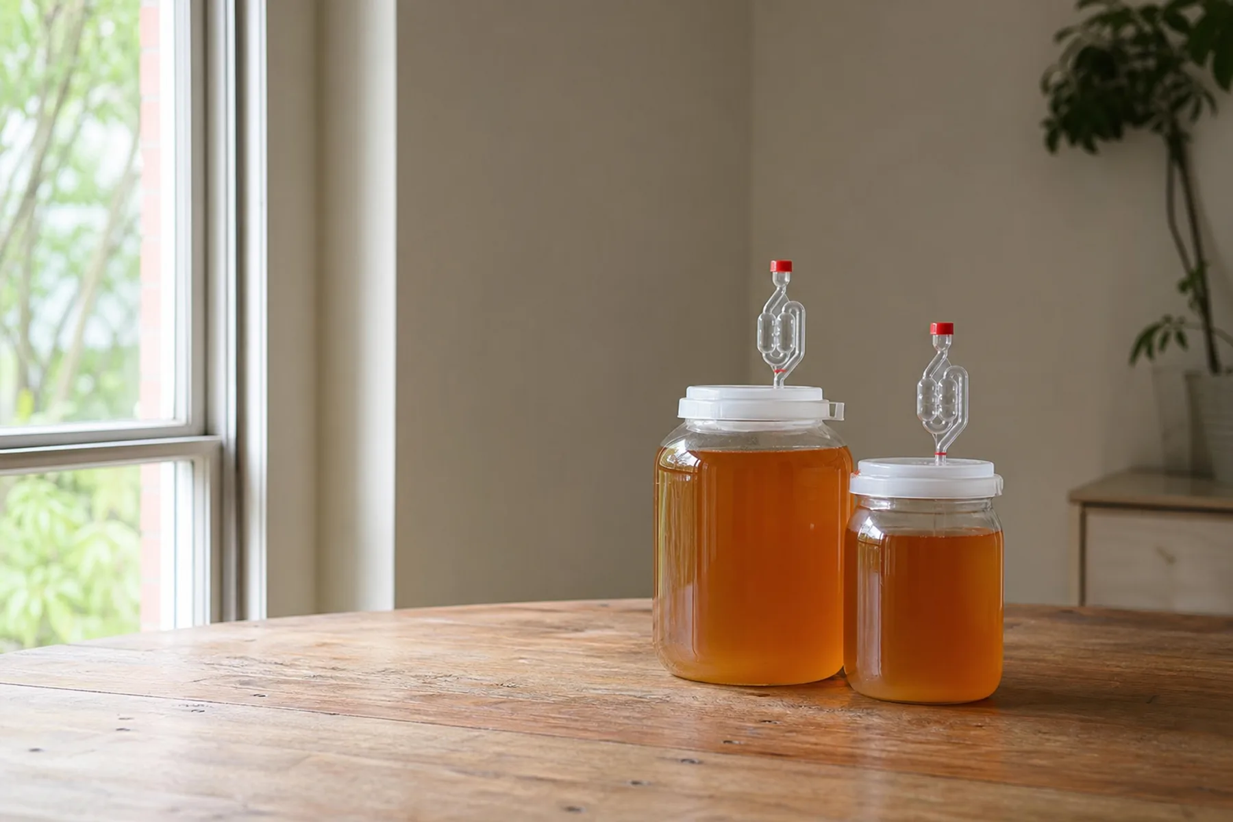 Two glass demijohns and a food-grade plastic fermenter, each fitted with an airlock.