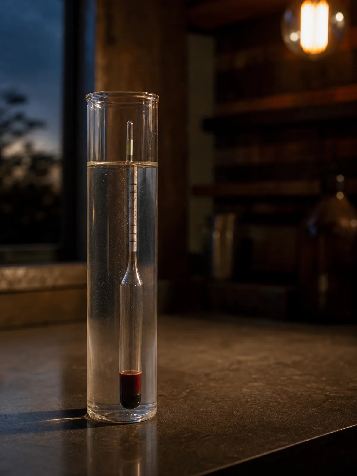 A hydrometer floating in a tall narrow jar of cloudy juice, its printed scale visible at the liquid surface.