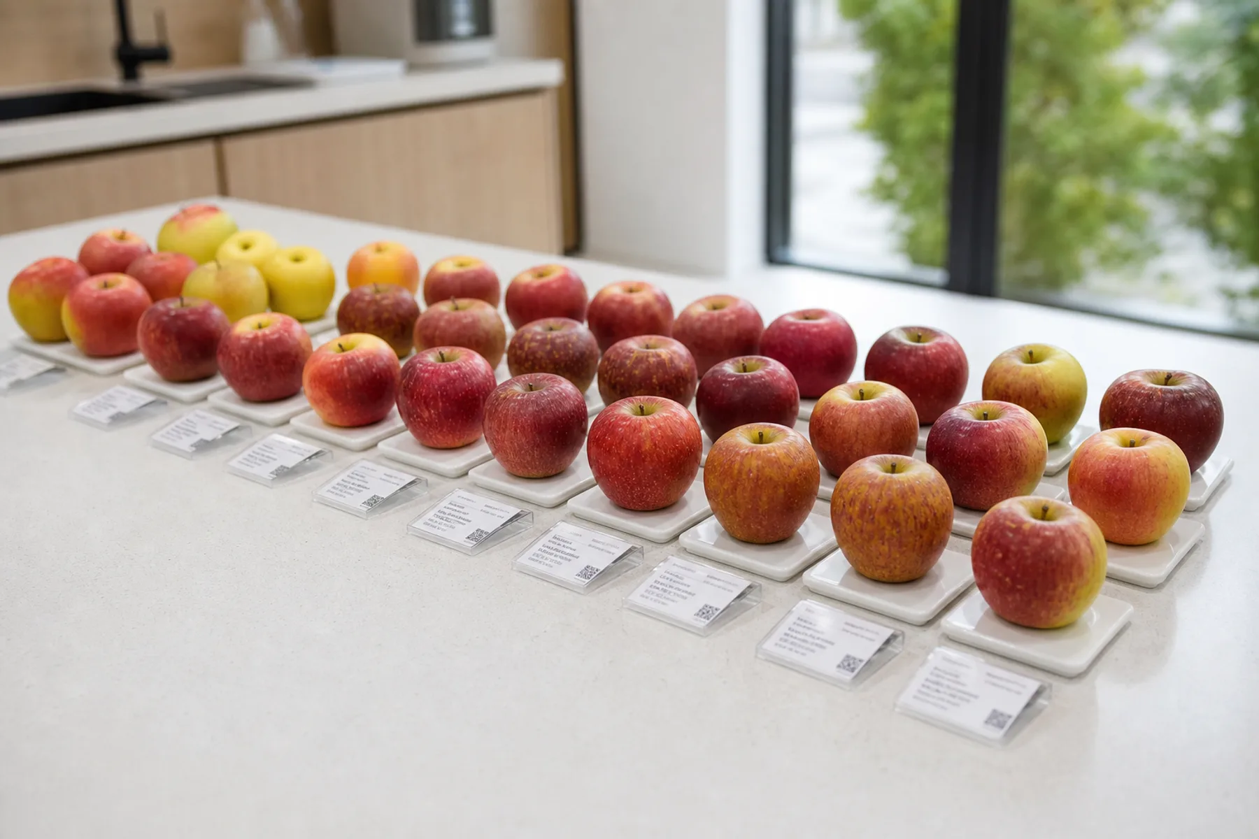 Regular rows of young orchard trees, each carrying a small numbered tag on the trunk.